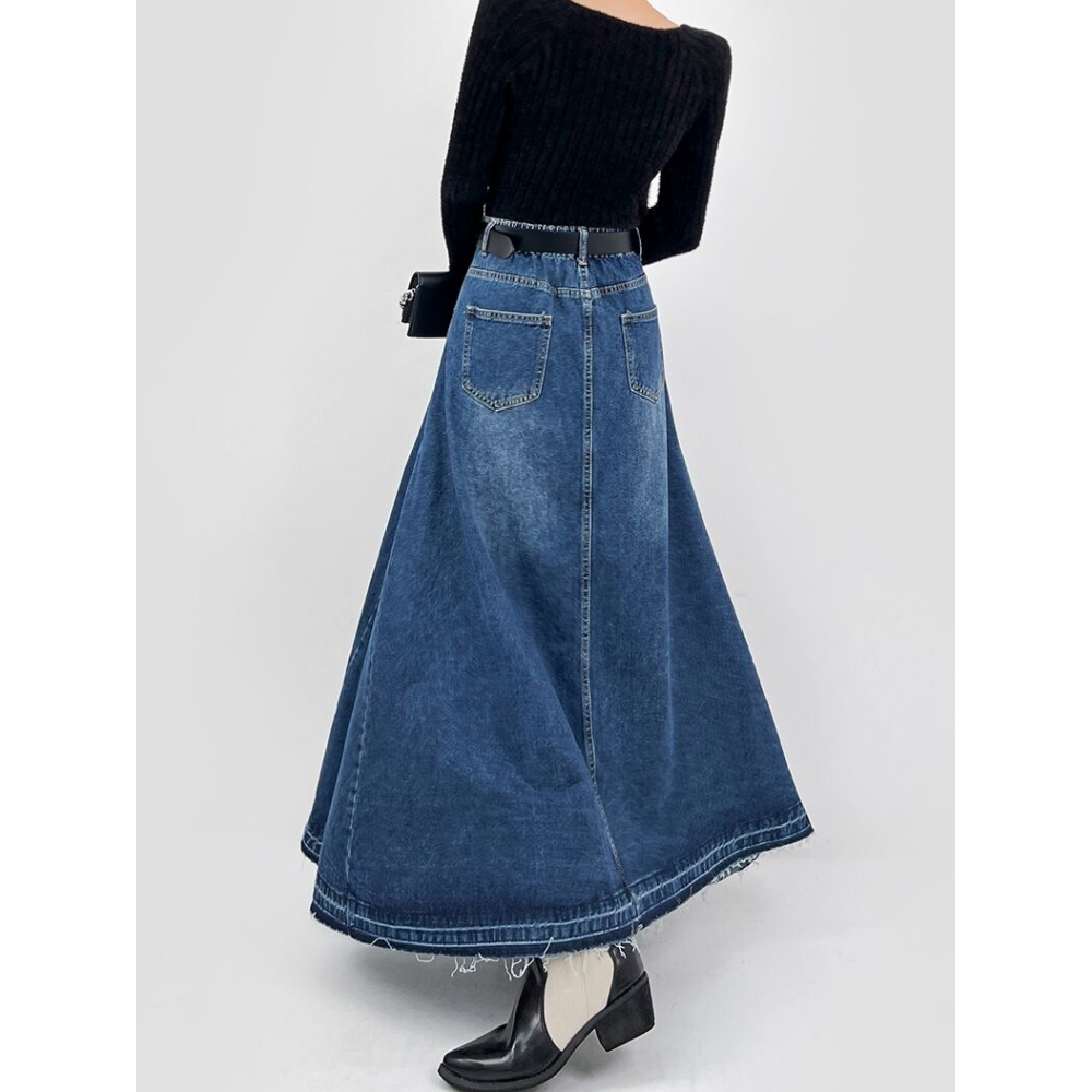 Chân Váy Jean Dài Chữ A Lưng Cao Viền Tua Rua Thời Trang Cho Nữ