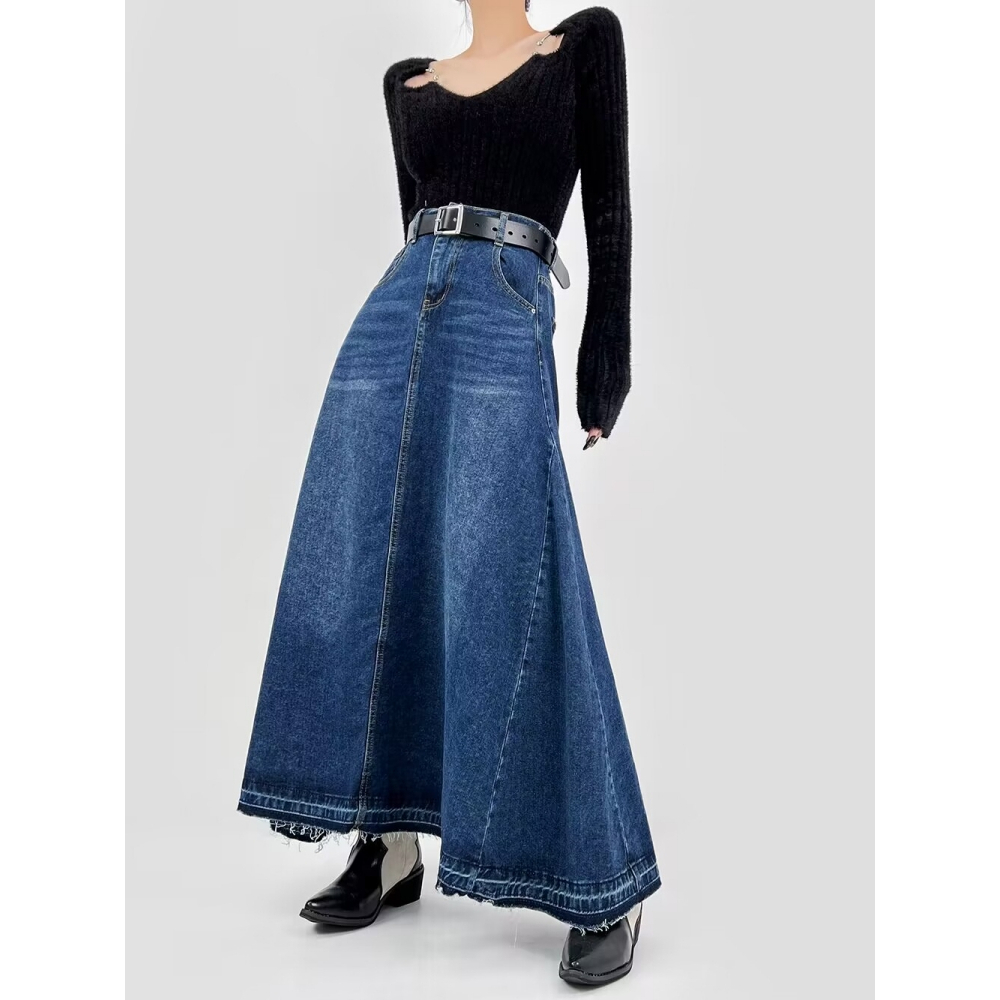 Chân Váy Jean Dài Chữ A Lưng Cao Viền Tua Rua Thời Trang Cho Nữ