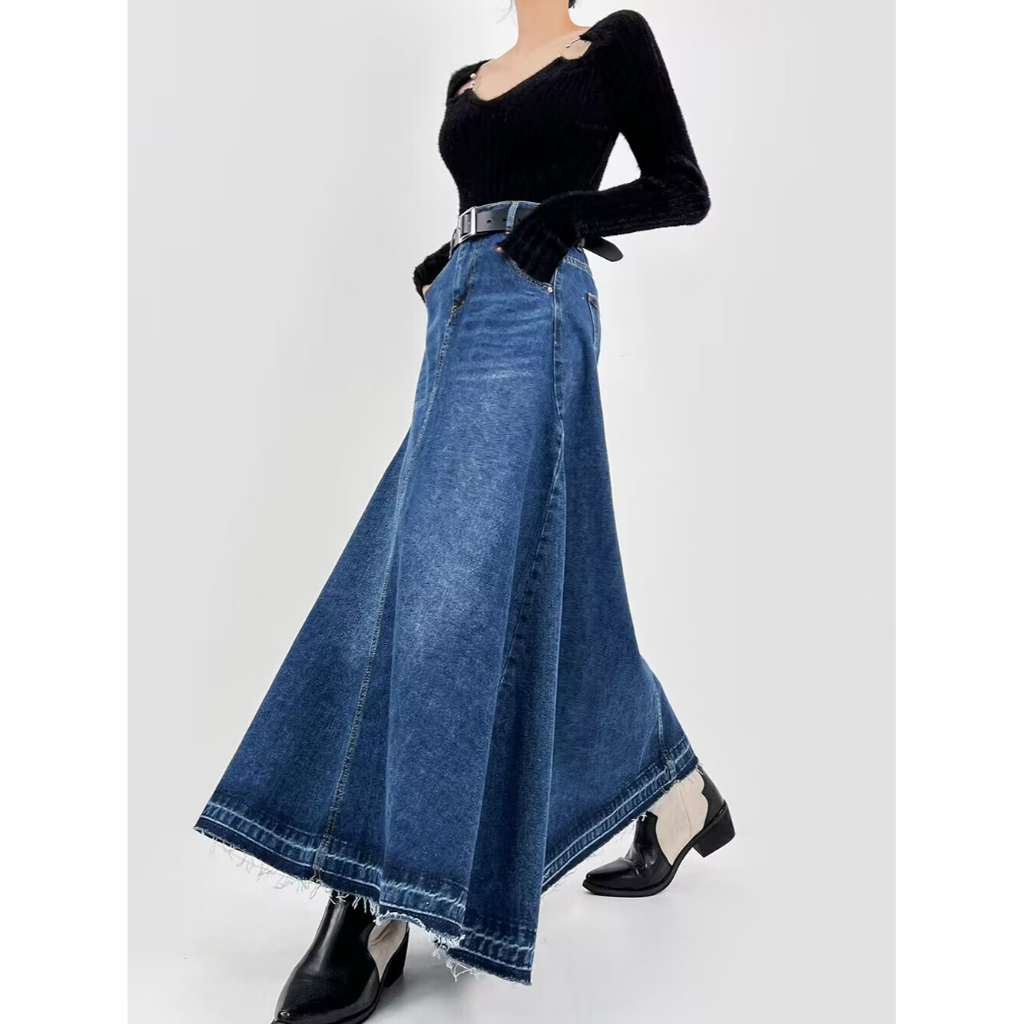 Chân Váy Jean Dài Chữ A Lưng Cao Viền Tua Rua Thời Trang Cho Nữ