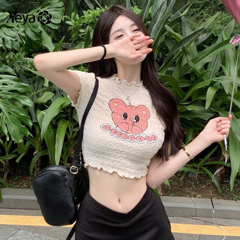 Áo thun YEYA ngắn tay in họa tiết gấu và hoa thời trang gợi cảm cho nữ