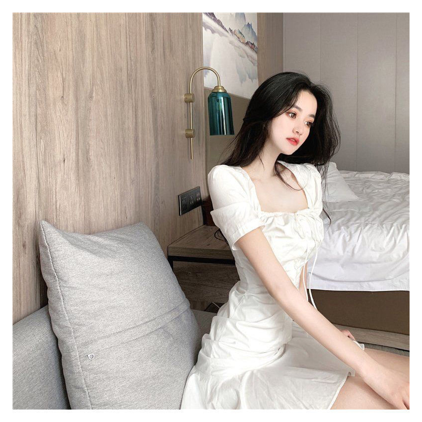 Đầm Chữ A Ngắn Tay Cổ Vuông Phối Dây Rút Phong Cách Hàn Quốc Thời Trang Mùa Hè Dành Cho Nữ
