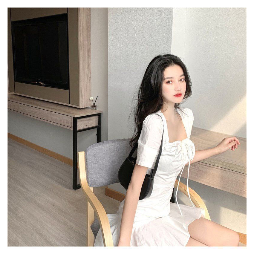 Đầm Chữ A Ngắn Tay Cổ Vuông Phối Dây Rút Phong Cách Hàn Quốc Thời Trang Mùa Hè Dành Cho Nữ