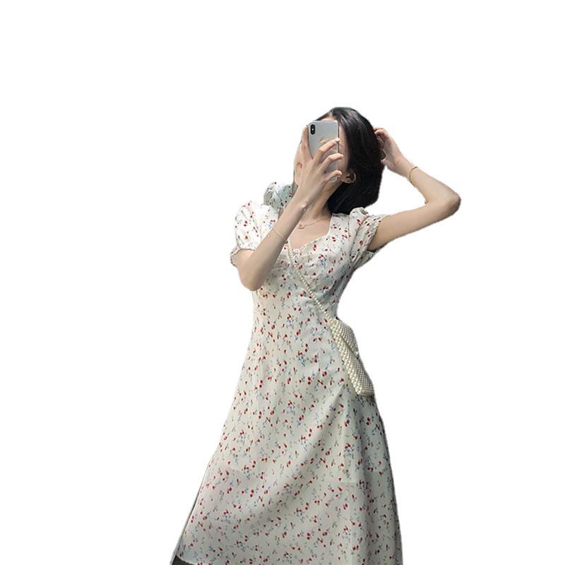 Đầm Dài Dáng Chữ A Tay Ngắn Cổ Vuông In Họa Tiết Hoa Thời Trang Mùa Hè Phong Cách Hàn Quốc