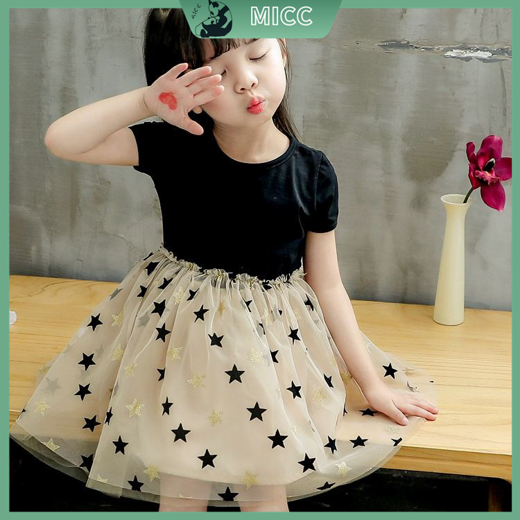 Đầm Công Chúa Mùa Hè Dáng Ngắn Bằng Cotton Họa Tiết Ngôi Sao Cho Bé Gái 1-6 Tuổi