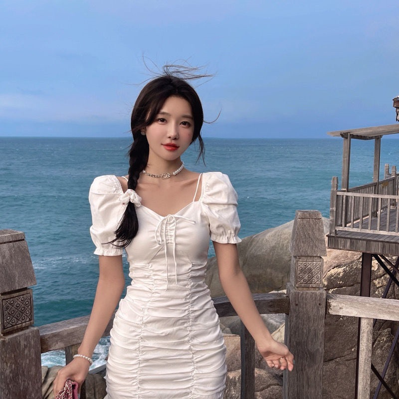 Đầm mini Ngắn Tay Một Hàng Nút Thời Trang Hàn Quốc Cho Nữ