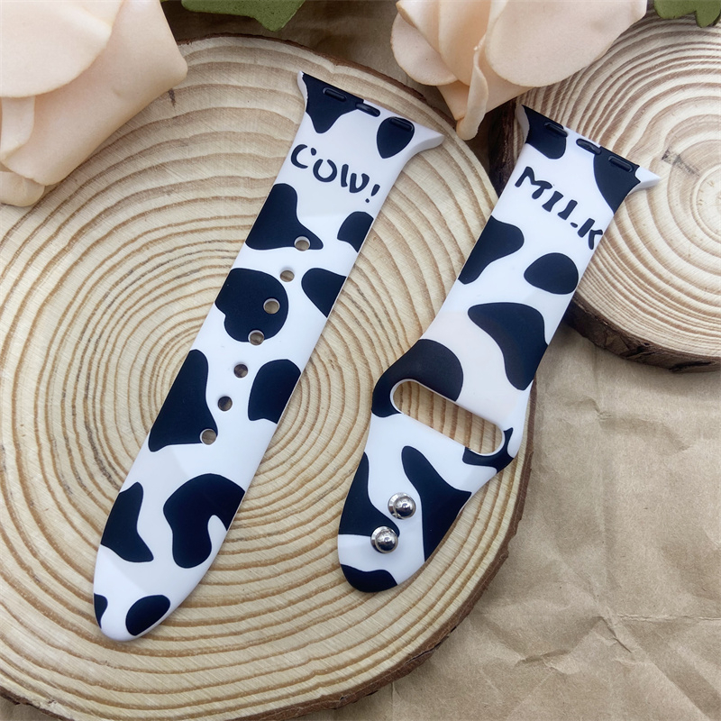 Dây Đeo Đồng Hồ Bằng Silicone Hình Bò Sữa Trắng Đen Cho iWatch 7 / 6 / 5 / 4 / 3 / 2 / 1 / SE Generation 38 / 40 / 41 / 42 / 44 / 45