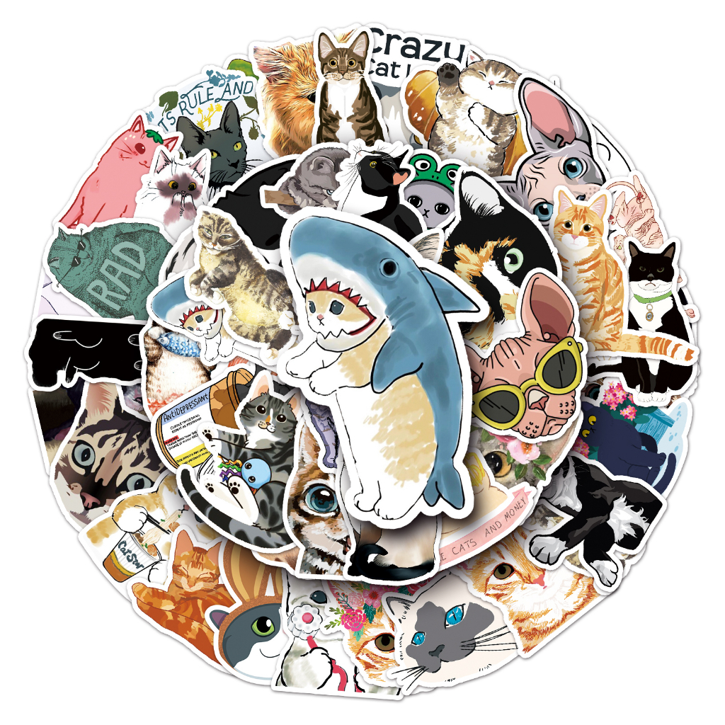 Bộ 50 Miếng Dán Trang Trí Xe Hơi / Nhà Cửa Hình Chú Mèo Vui Nhộn Chống Thấm Nước DIY
