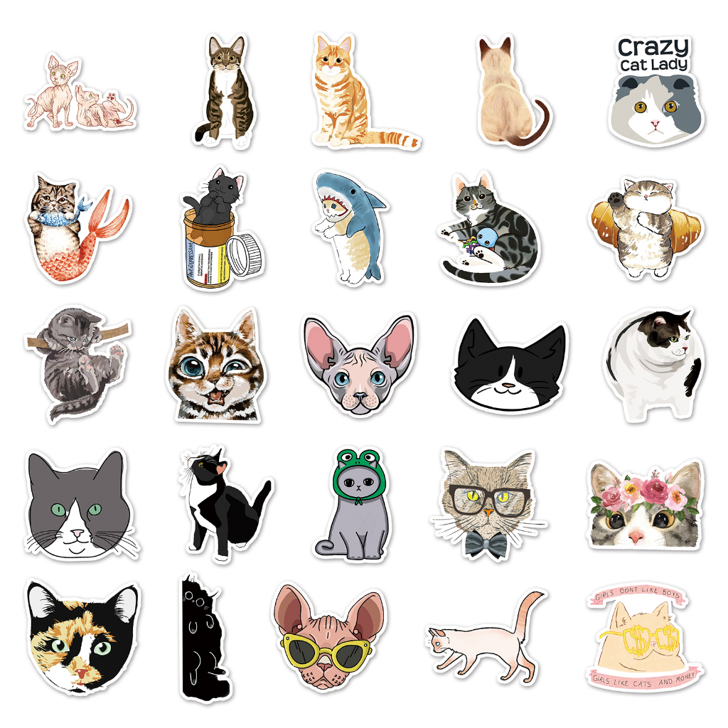 Bộ 50 Miếng Dán Trang Trí Xe Hơi / Nhà Cửa Hình Chú Mèo Vui Nhộn Chống Thấm Nước DIY