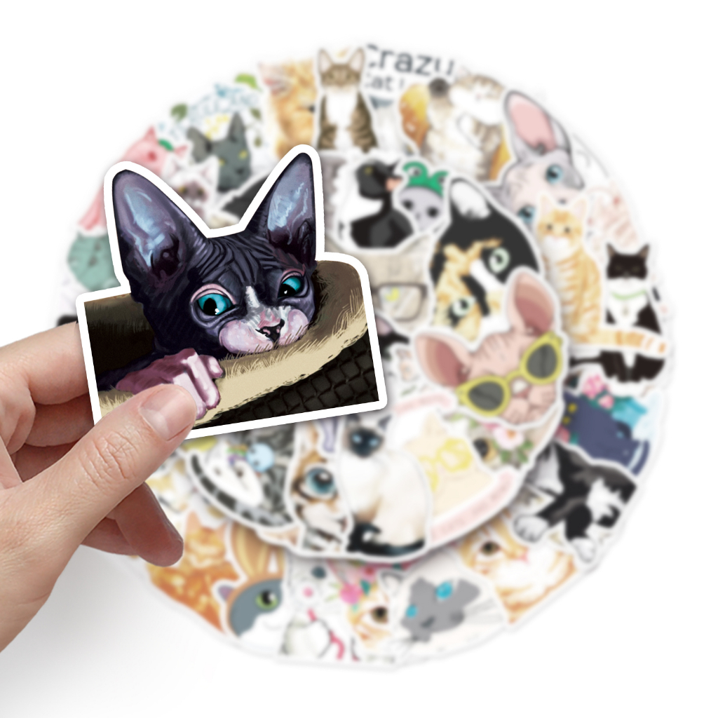 Bộ 50 Miếng Dán Trang Trí Xe Hơi / Nhà Cửa Hình Chú Mèo Vui Nhộn Chống Thấm Nước DIY