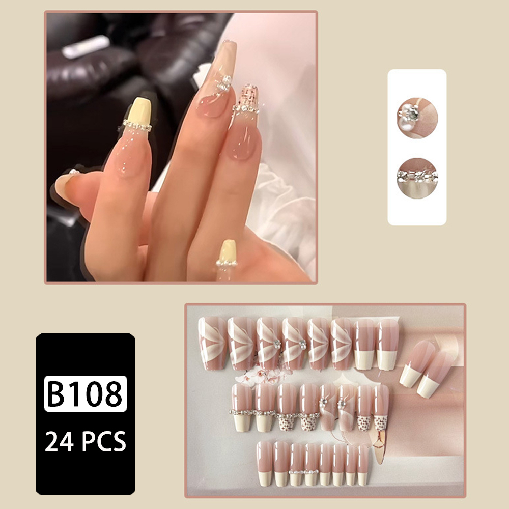 Bộ 24 Móng Tay Giả Hình Ruy Băng Màu Sắc nude Đính Đá Xinh Xắn Chống Thấm Nước Dùng Trang Trí Móng Nghệ Thuật