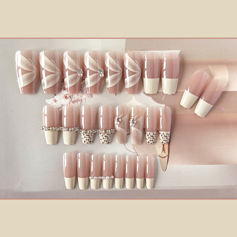 Bộ 24 Móng Tay Giả Hình Ruy Băng Màu Sắc nude Đính Đá Xinh Xắn Chống Thấm Nước Dùng Trang Trí Móng Nghệ Thuật