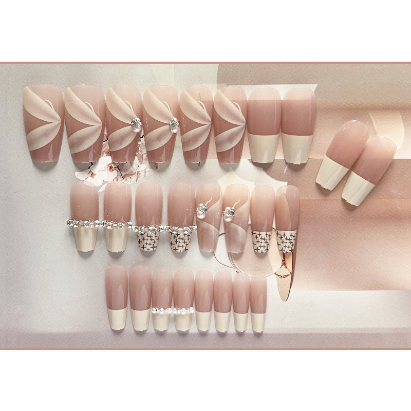 Bộ 24 Móng Tay Giả Hình Ruy Băng Màu Sắc nude Đính Đá Xinh Xắn Chống Thấm Nước Dùng Trang Trí Móng Nghệ Thuật