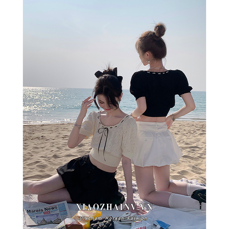 Xiaozhainv Áo Croptop Dệt Kim Tay Ngắn Phối Ren Họa Tiết Trái Tim Thời Trang Hàn Quốc Cho Nữ