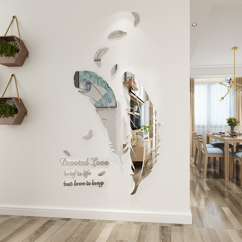 Tranh mica lông vũ gương dán tường lưới đỏ 3D dán tường ba chiều che lỗ xấu xí lấp đầy sofa phòng khách TV nền trang trí tường