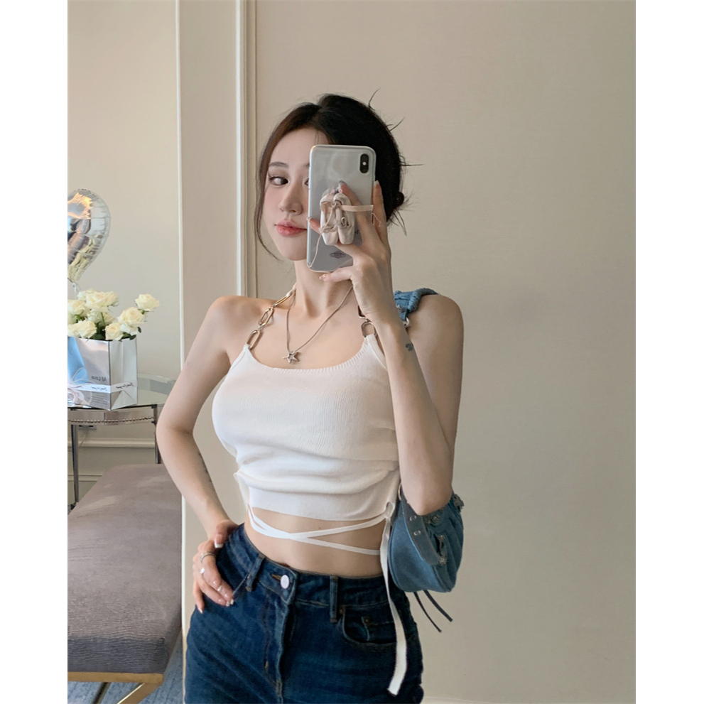 Áo Lửng Hai Dây Phối Dây Xích Thời Trang Mùa Hè Quyến Rũ Cho Nữ