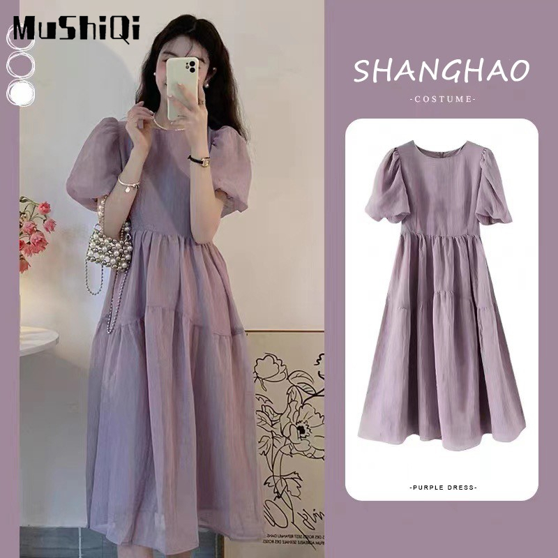 Đầm chiffon Tay Phồng Màu Trơn Thời Trang Hàn Quốc Dành Cho Nữ