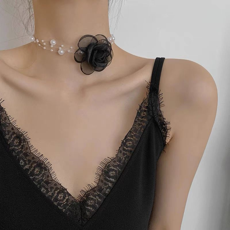 Vòng Cổ choker Đính Hoa Và Ngọc Trai Trắng Đen Phong Cách Hàn Quốc Thời Trang Cho Nữ