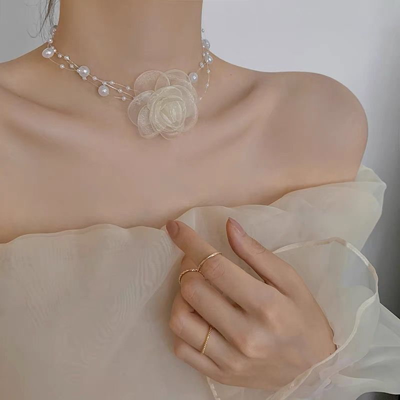 Vòng Cổ choker Đính Hoa Và Ngọc Trai Trắng Đen Phong Cách Hàn Quốc Thời Trang Cho Nữ