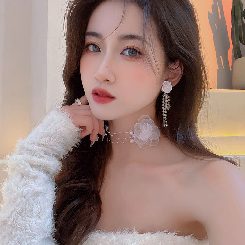 Vòng Cổ choker Đính Hoa Và Ngọc Trai Trắng Đen Phong Cách Hàn Quốc Thời Trang Cho Nữ