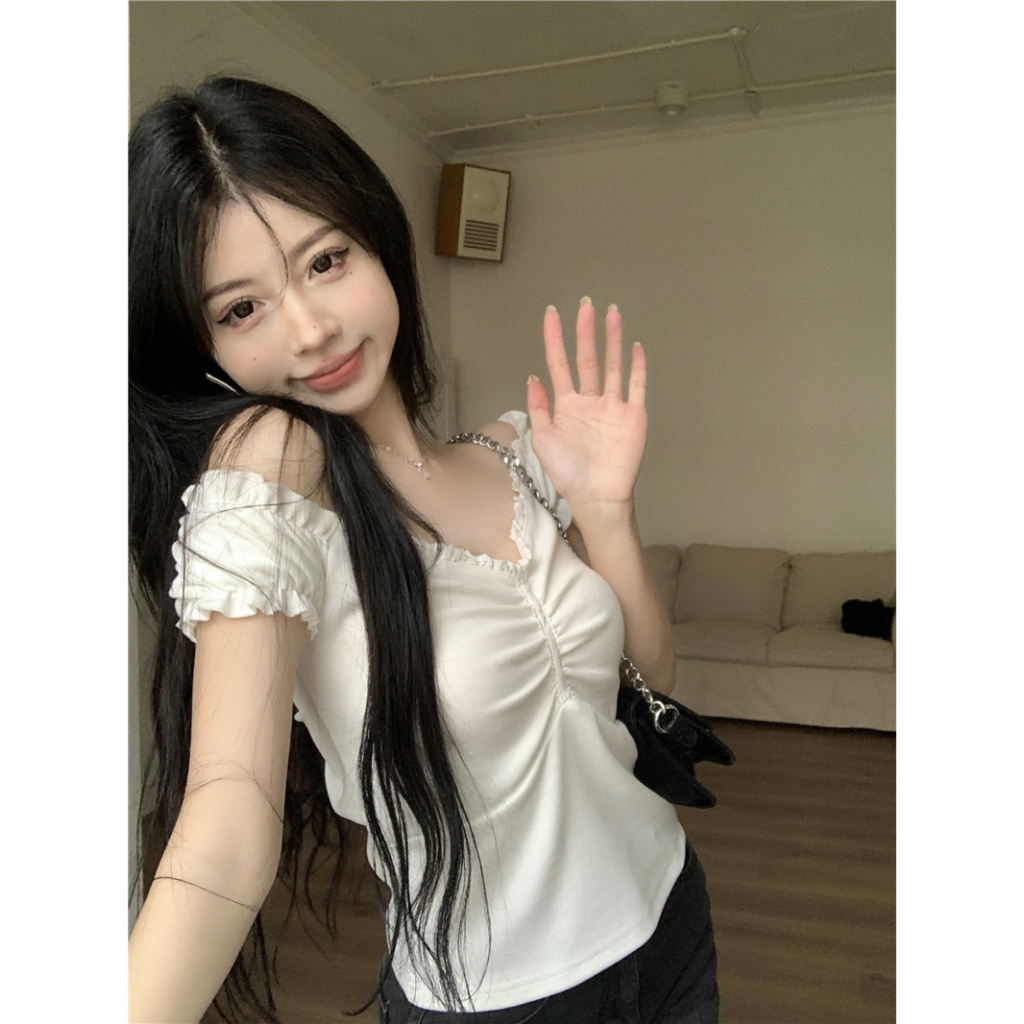 Áo Thun Tay Ngắn Cổ Chữ V Xếp Ly Thời Trang Phong Cách Hàn Quốc Cho Nữ