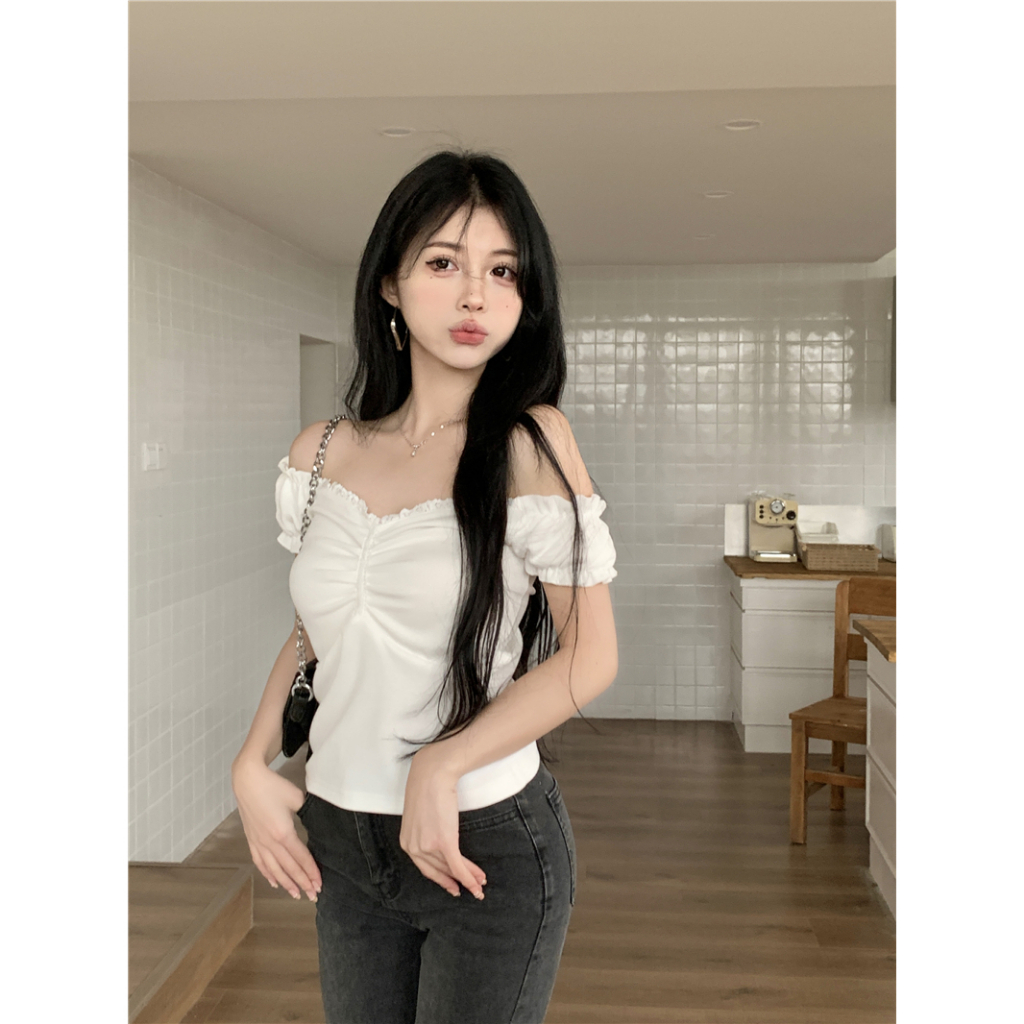 Áo Thun Tay Ngắn Cổ Chữ V Xếp Ly Thời Trang Phong Cách Hàn Quốc Cho Nữ