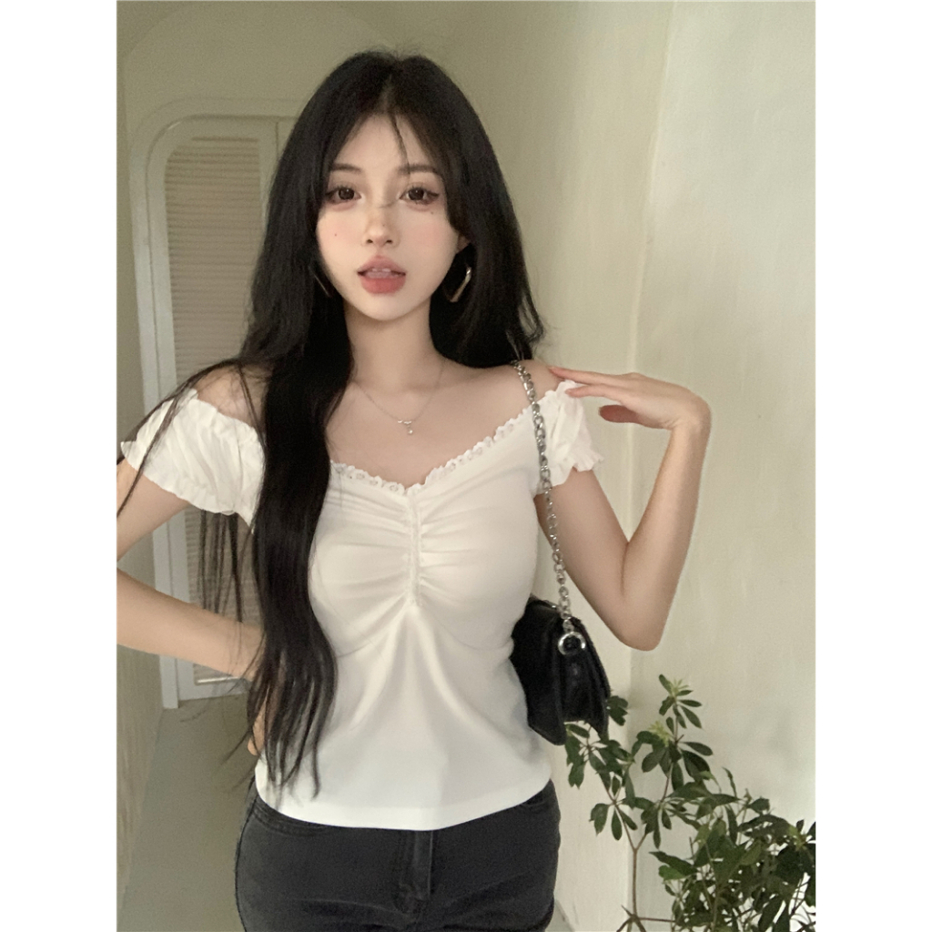 Áo Thun Tay Ngắn Cổ Chữ V Xếp Ly Thời Trang Phong Cách Hàn Quốc Cho Nữ