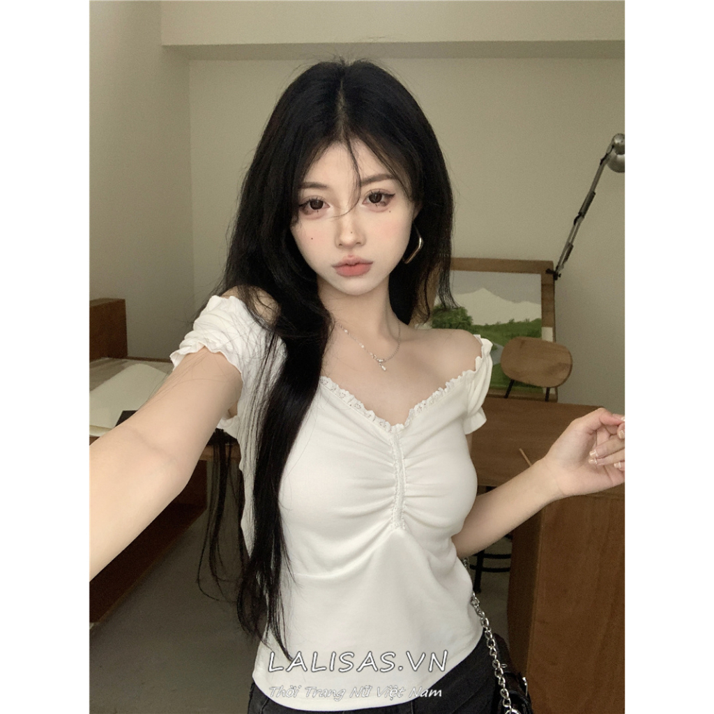 Áo Thun Tay Ngắn Cổ Chữ V Xếp Ly Thời Trang Phong Cách Hàn Quốc Cho Nữ