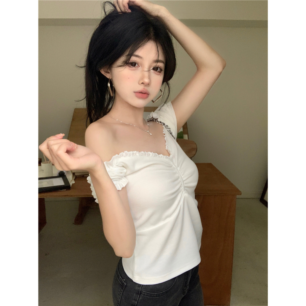 Áo Thun Tay Ngắn Cổ Chữ V Xếp Ly Thời Trang Phong Cách Hàn Quốc Cho Nữ