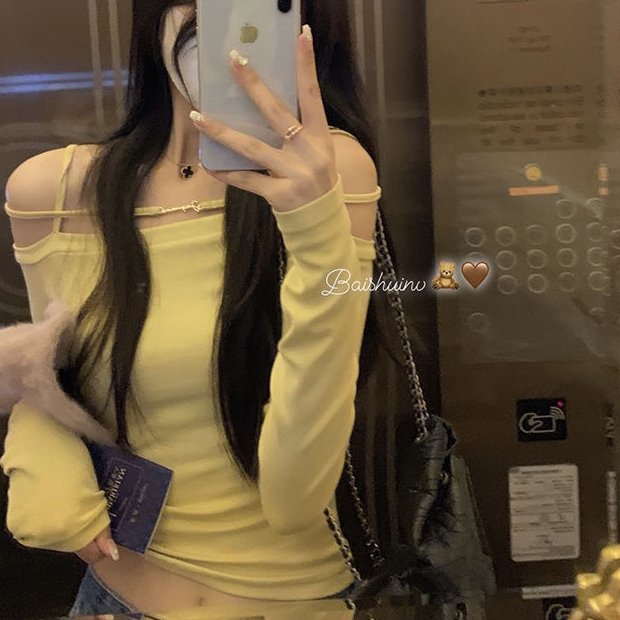 COZOK Áo Thun Tay Dài Lệch Vai Quyến Rũ Dễ Phối Đồ Hợp Thời Trang