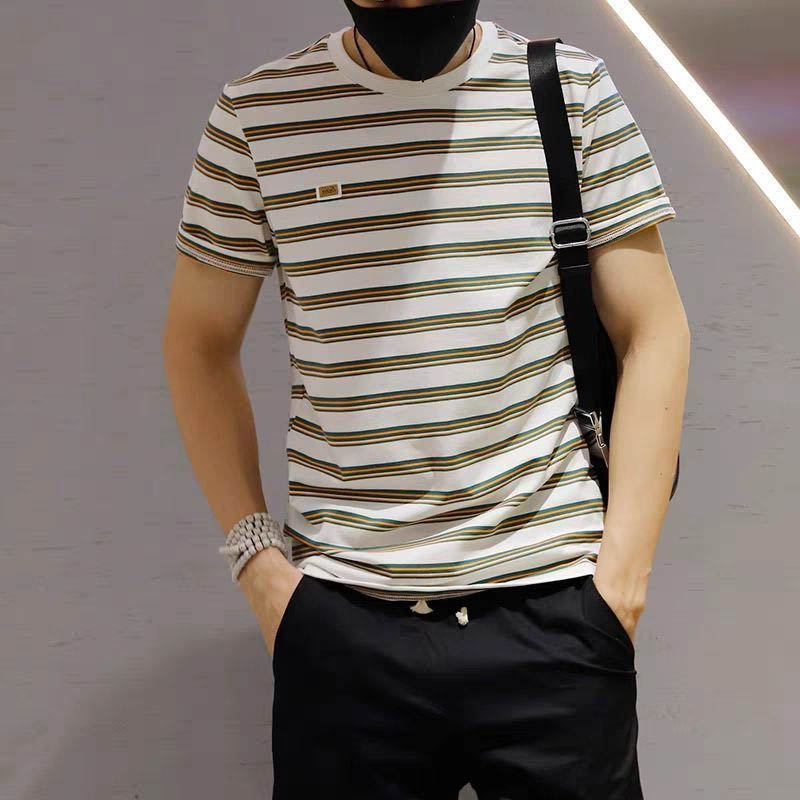 Áo Thun Tay Ngắn Cổ Tròn Họa Tiết Kẻ Sọc Thời Trang Trẻ Trung Cho Nam