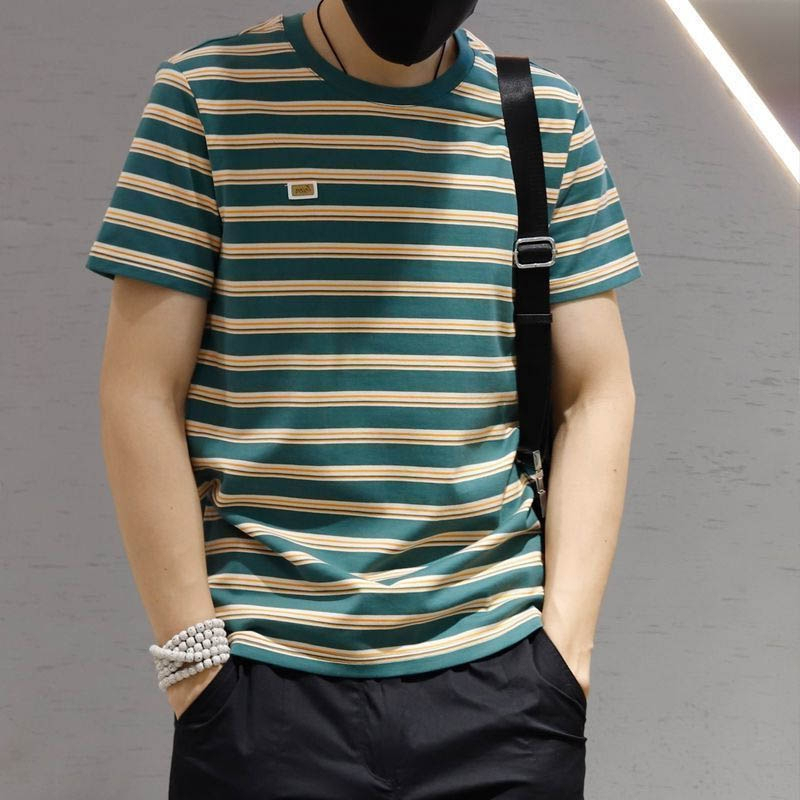 Áo Thun Tay Ngắn Cổ Tròn Họa Tiết Kẻ Sọc Thời Trang Trẻ Trung Cho Nam