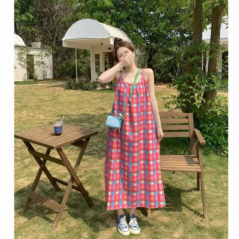IMAODOU Đầm hai dây  midi dáng rộng kẻ sọc caro thời trang mới mùa hè 2023 cho nữ