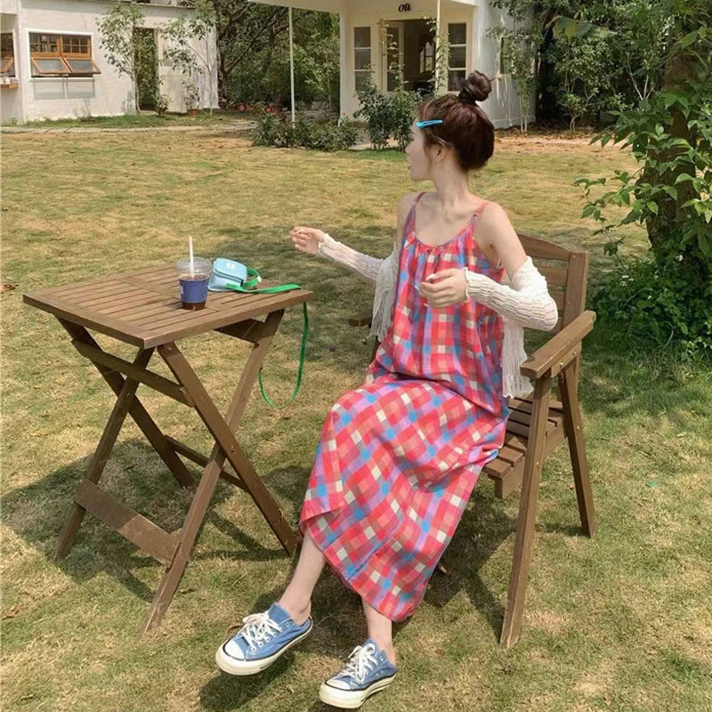 IMAODOU Đầm hai dây  midi dáng rộng kẻ sọc caro thời trang mới mùa hè 2023 cho nữ