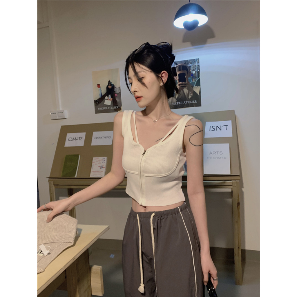 Áo Croptop Sát Nách Màu Trơn Dáng Ôm Có Khóa Kéo Thời Trang Cho Nữ