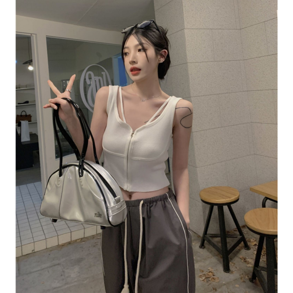 Áo Croptop Sát Nách Màu Trơn Dáng Ôm Có Khóa Kéo Thời Trang Cho Nữ