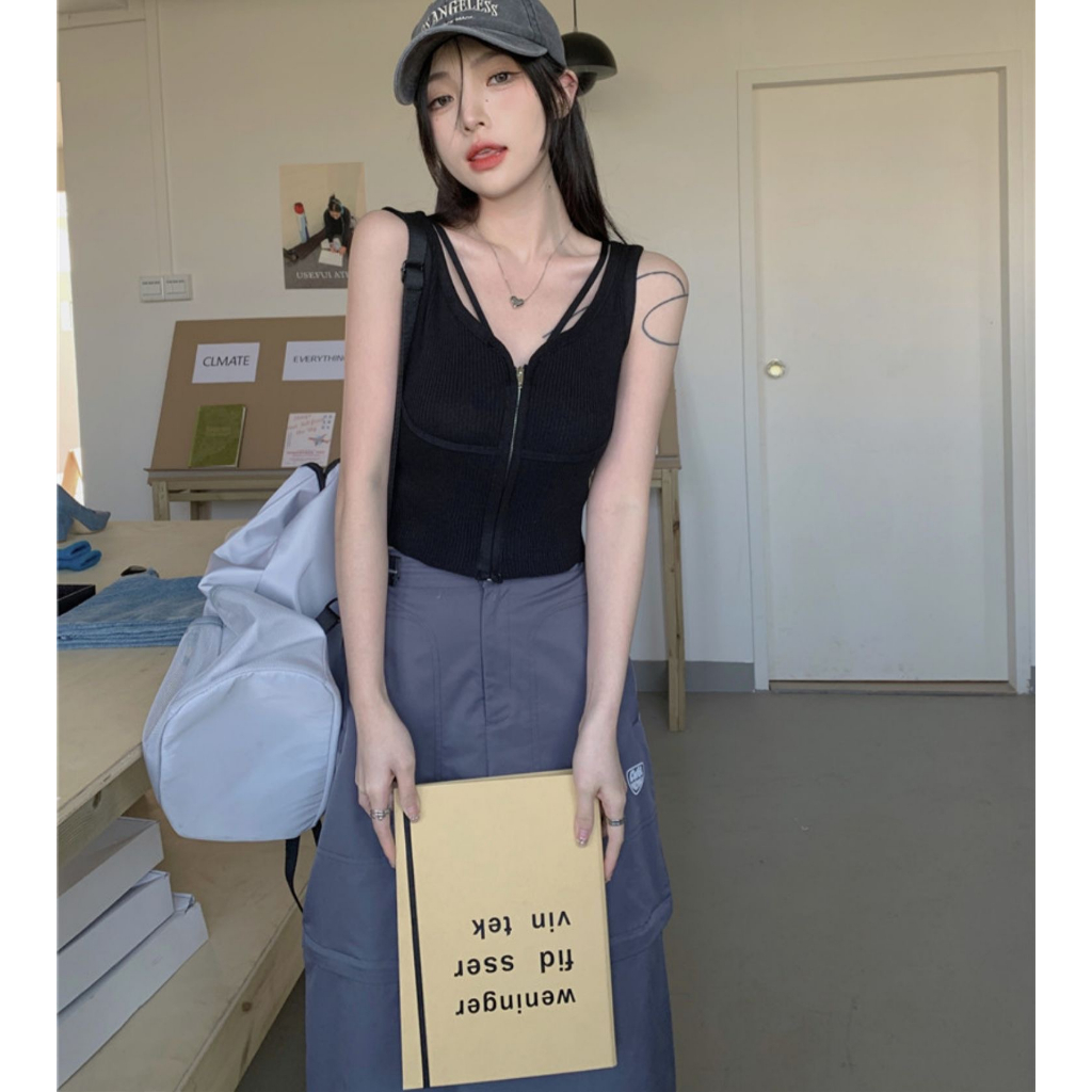 Áo Croptop Sát Nách Màu Trơn Dáng Ôm Có Khóa Kéo Thời Trang Cho Nữ