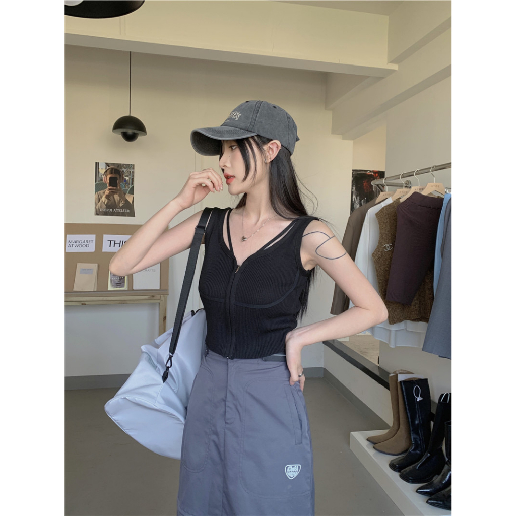 Áo Croptop Sát Nách Màu Trơn Dáng Ôm Có Khóa Kéo Thời Trang Cho Nữ