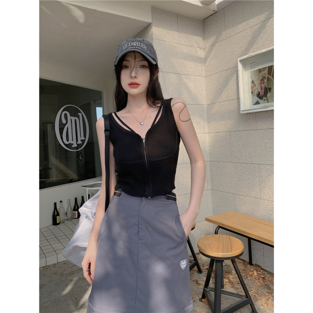 Áo Croptop Sát Nách Màu Trơn Dáng Ôm Có Khóa Kéo Thời Trang Cho Nữ