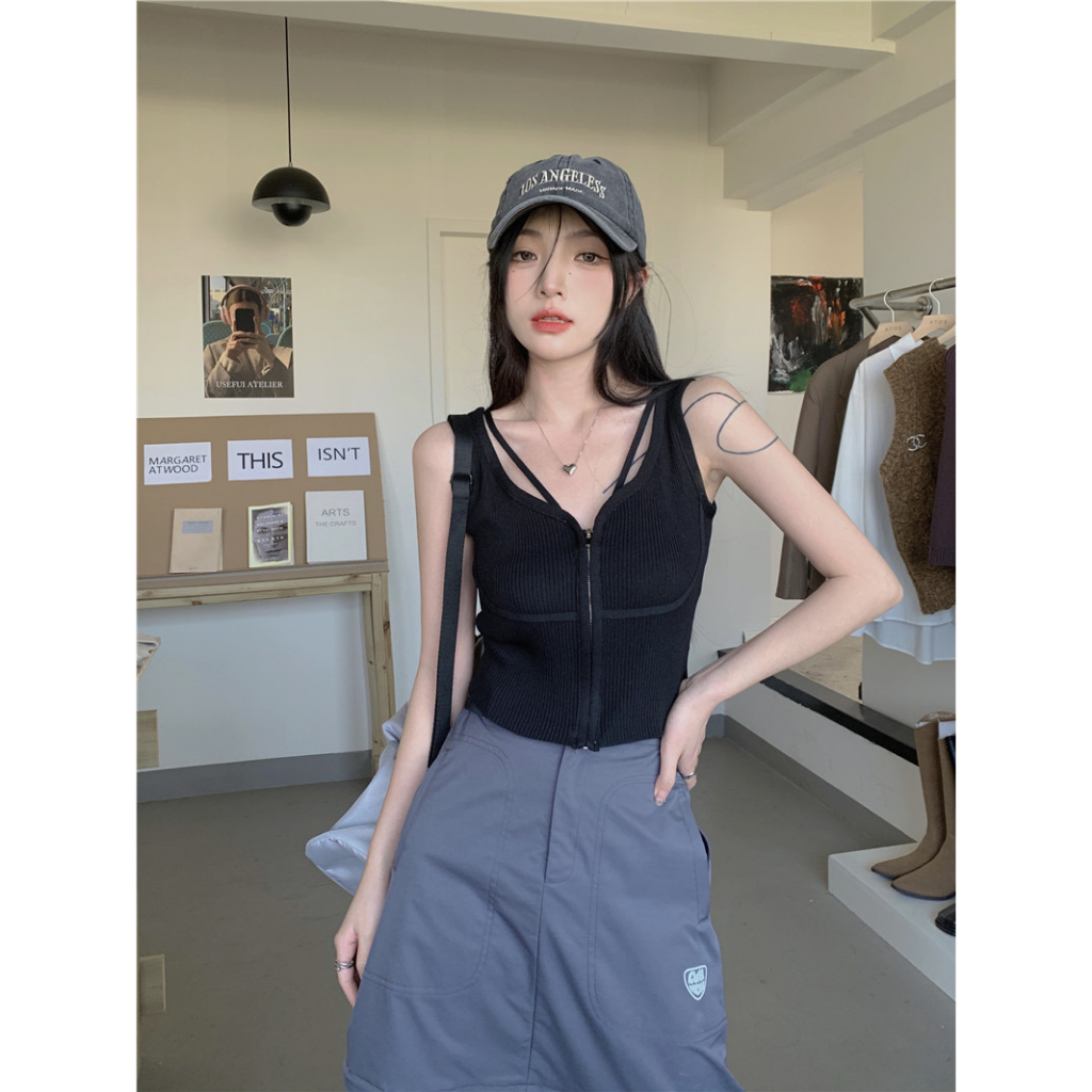 Áo Croptop Sát Nách Màu Trơn Dáng Ôm Có Khóa Kéo Thời Trang Cho Nữ