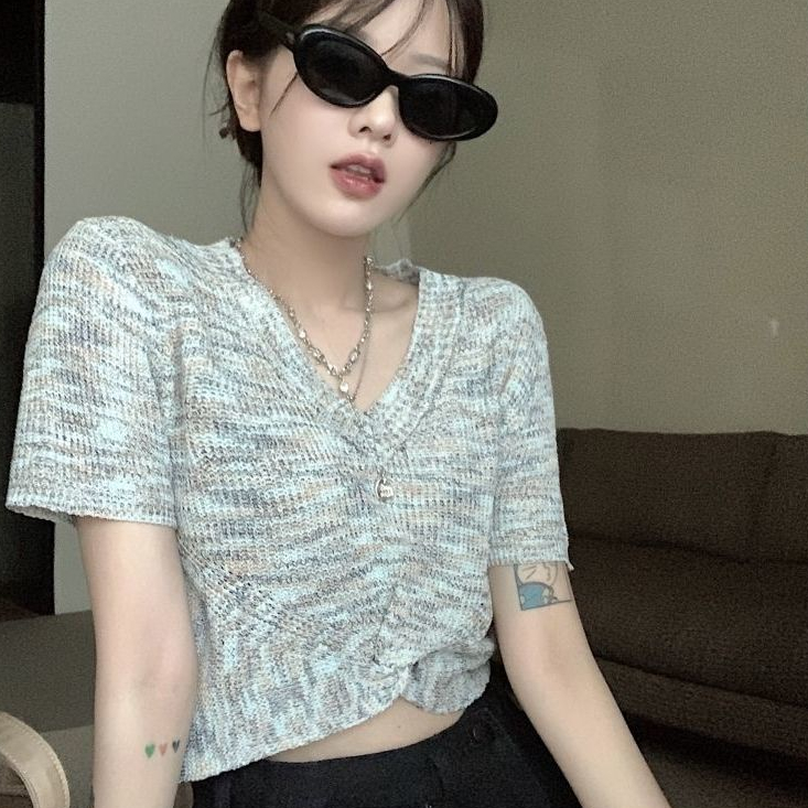 Áo Thun COZOK Dệt Kim Tay Ngắn Cổ Chữ V Màu Cầu Vồng Phong Cách Hàn Quốc