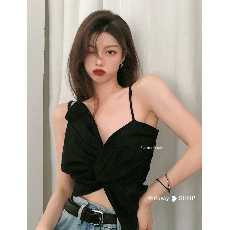 QADCOL Áo Hai Dây Ngắn Mỏng Màu Trơn Đính Nơ To Thời Trang Mùa Hè Quyến Rũ Cho Nữ