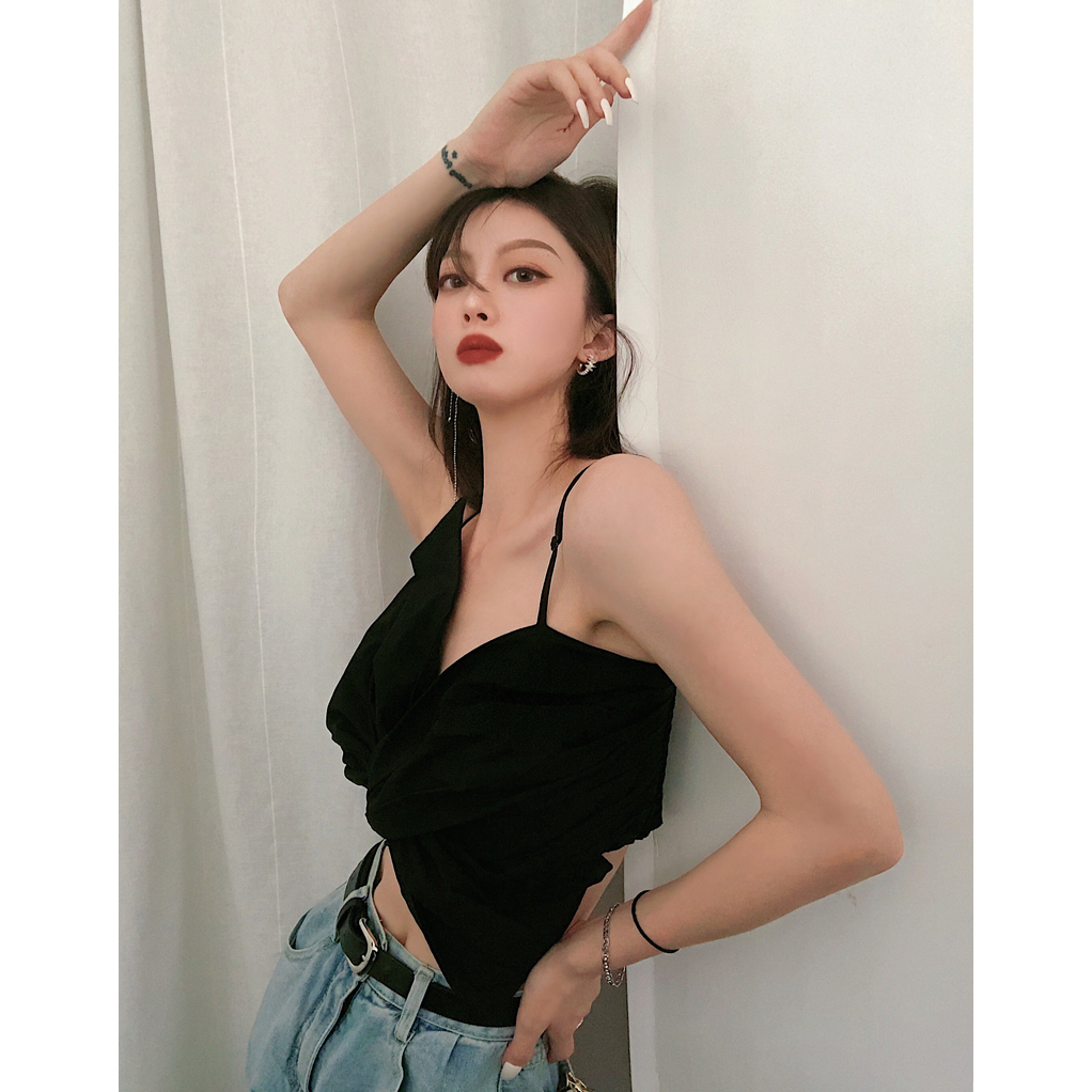 QADCOL Áo Hai Dây Ngắn Mỏng Màu Trơn Đính Nơ To Thời Trang Mùa Hè Quyến Rũ Cho Nữ