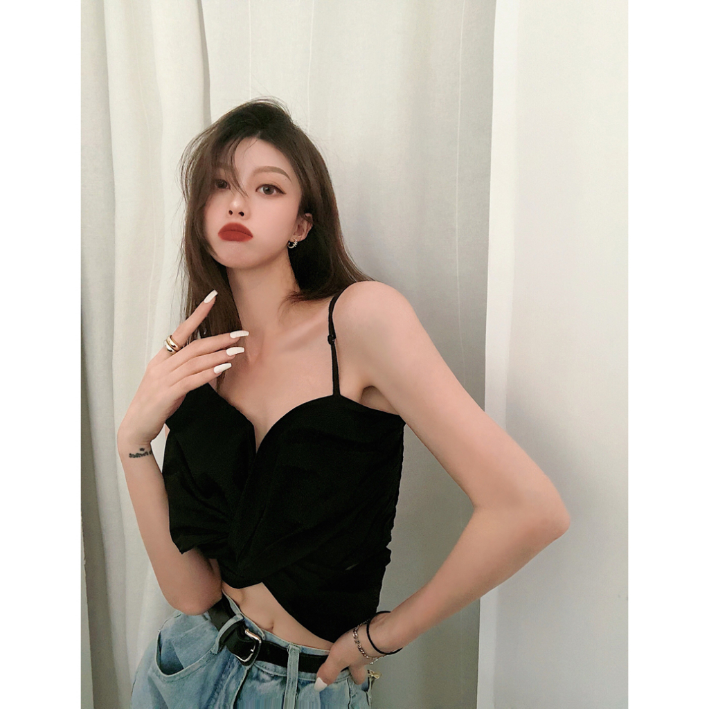 QADCOL Áo Hai Dây Ngắn Mỏng Màu Trơn Đính Nơ To Thời Trang Mùa Hè Quyến Rũ Cho Nữ