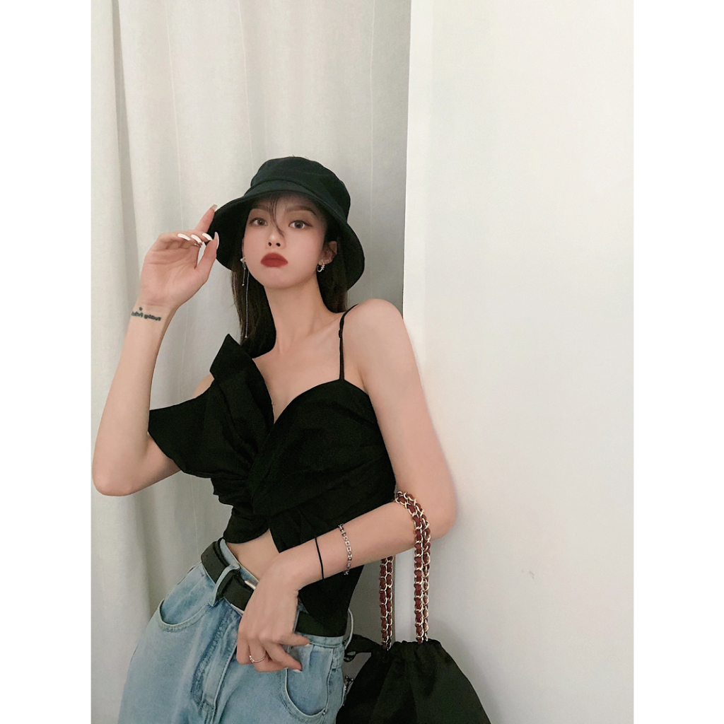 QADCOL Áo Hai Dây Ngắn Mỏng Màu Trơn Đính Nơ To Thời Trang Mùa Hè Quyến Rũ Cho Nữ