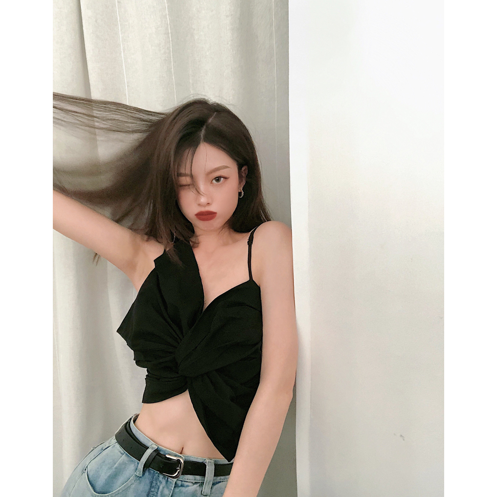 QADCOL Áo Hai Dây Ngắn Mỏng Màu Trơn Đính Nơ To Thời Trang Mùa Hè Quyến Rũ Cho Nữ