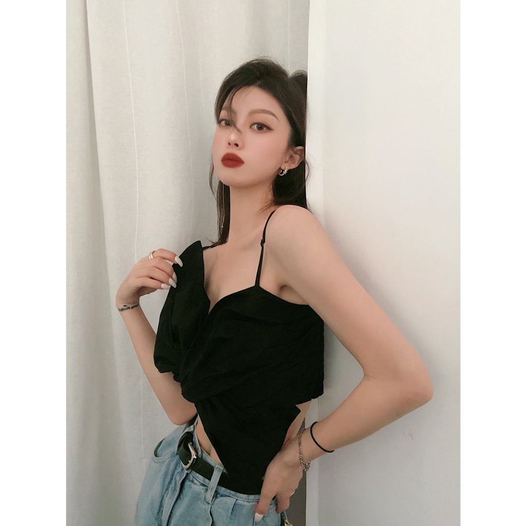 QADCOL Áo Hai Dây Ngắn Mỏng Màu Trơn Đính Nơ To Thời Trang Mùa Hè Quyến Rũ Cho Nữ