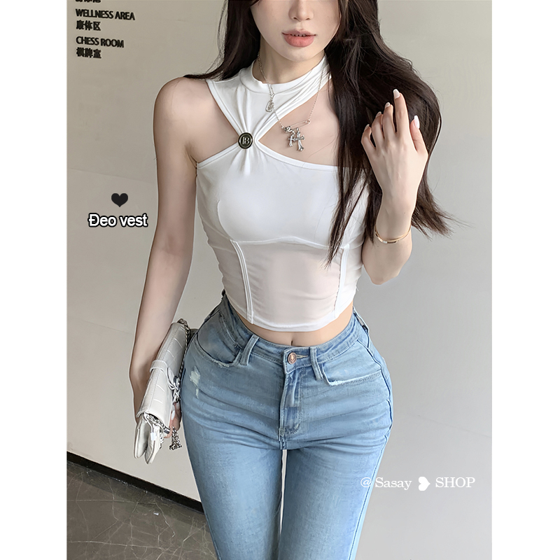 QADCOL Áo Không Tay Hở Vai Dáng Ngắn Xếp Ly Màu Đen Thời Trang Mùa Hè Quyến Rũ Cho Nữ