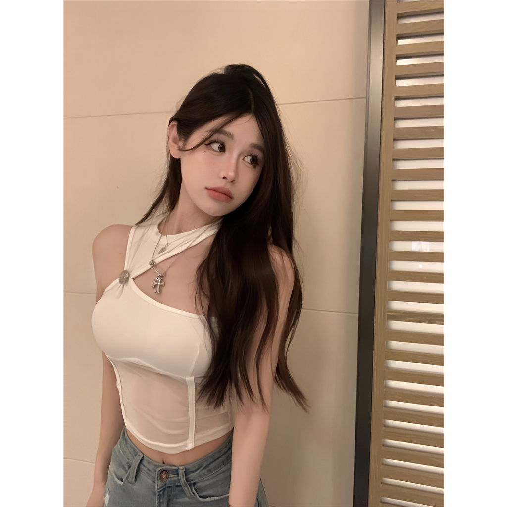 QADCOL Áo Không Tay Hở Vai Dáng Ngắn Xếp Ly Màu Đen Thời Trang Mùa Hè Quyến Rũ Cho Nữ