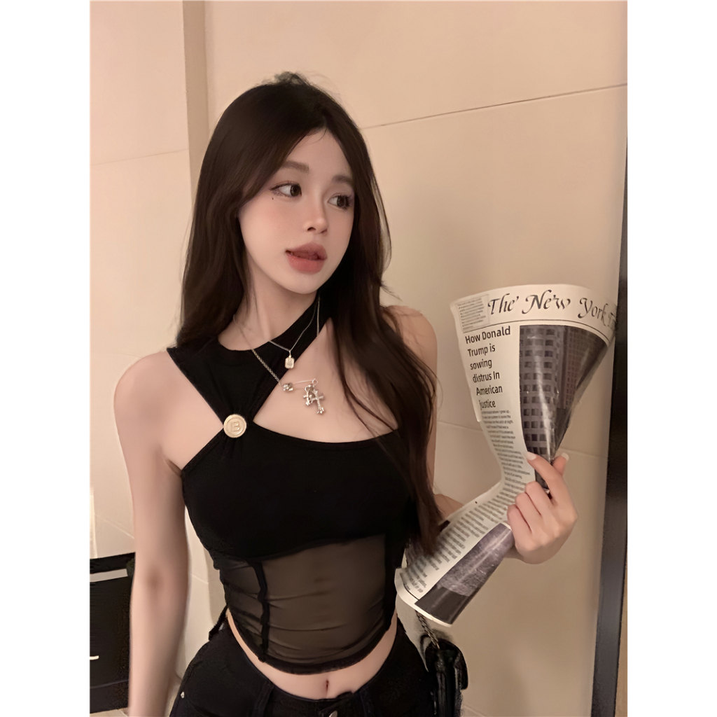 QADCOL Áo Không Tay Hở Vai Dáng Ngắn Xếp Ly Màu Đen Thời Trang Mùa Hè Quyến Rũ Cho Nữ