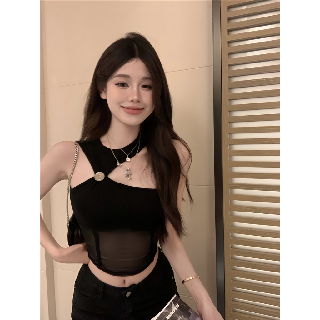 QADCOL Áo Không Tay Hở Vai Dáng Ngắn Xếp Ly Màu Đen Thời Trang Mùa Hè Quyến Rũ Cho Nữ